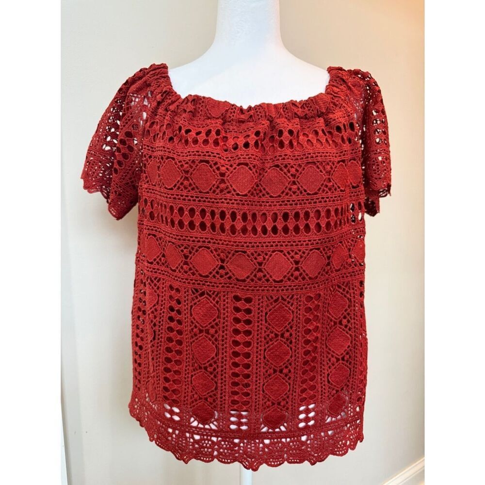 Anthropologie Sunday in Brooklyn Burnt Red Crochet Off-Shoulder Blouse